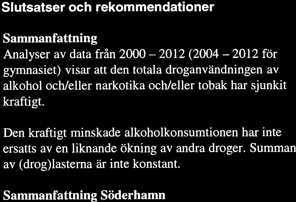 2012 2012 Slutsatser och rekommendationer Sammanfattning Analyser av data från 2000 (2004 för gymnasiet) visar att den totala droganvändningen av alkohol och/eller narkotika och/eller tobak har