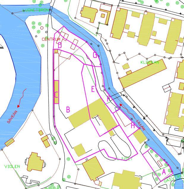 3 (5) VERKSAMHETENS OMFATTNING OCH UTFORMNING Inför saneringen har Kv. Ljuset delats upp i delområden (A H) utifrån föroreningssituation och saneringsförutsättningar, se figur 2.