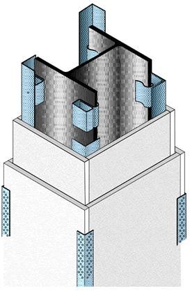 Gipset fungerar på samma sätt som vid användning på träprodukter (se avsnitt 3.3.1.). Vid applicering på stålkonstruktioner kläs profilen vanligen in i en låda av gips som i figur 4.6.