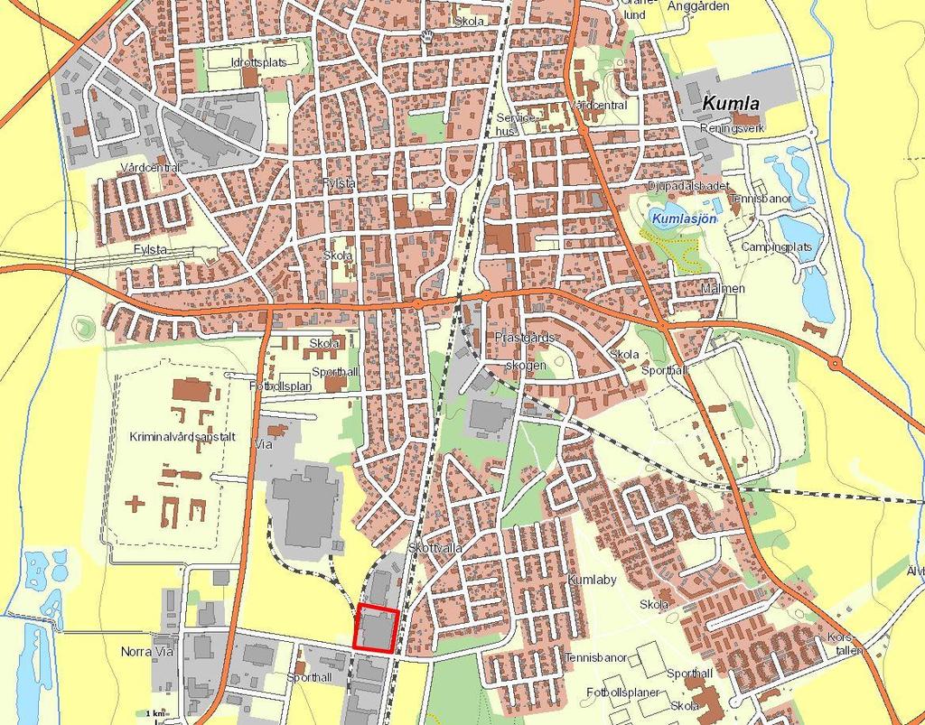 Uppdragsnr: 1019 1258 2 (8) Figur 1. Kv. Vevstaken 2 (markerat med röd rektangel) i södra Kumla.