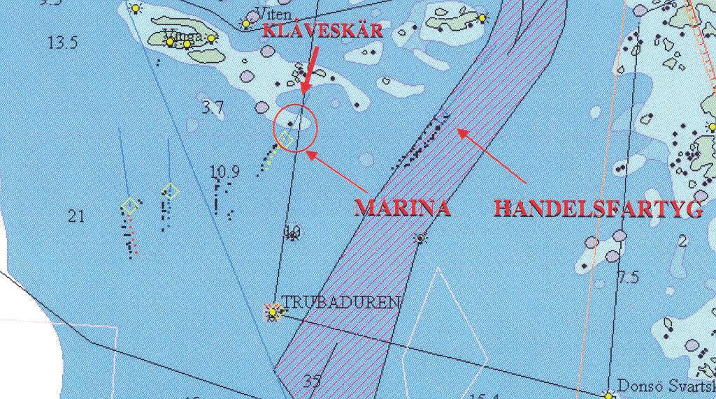 Marina av Hönö styrde cirka 23 med 9 knops fart rakt mot Klåveskär med akterlig vind, ström och sjö.