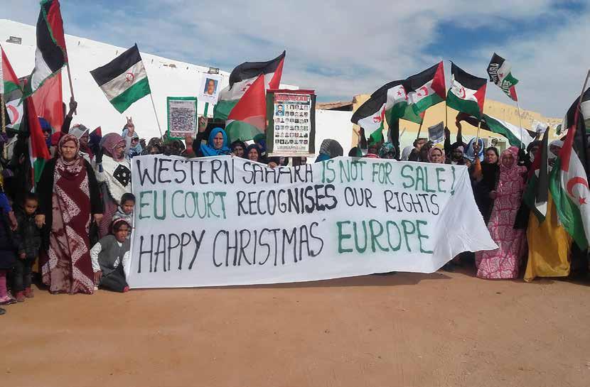Respektera EU-domen!! Jublande västsaharier i flyktinglägren i Algeriet tackar i december 2016 EU-domstolen för domen: Västsahariska varor kan inte ingå i avtal mellan EU och Marocko.