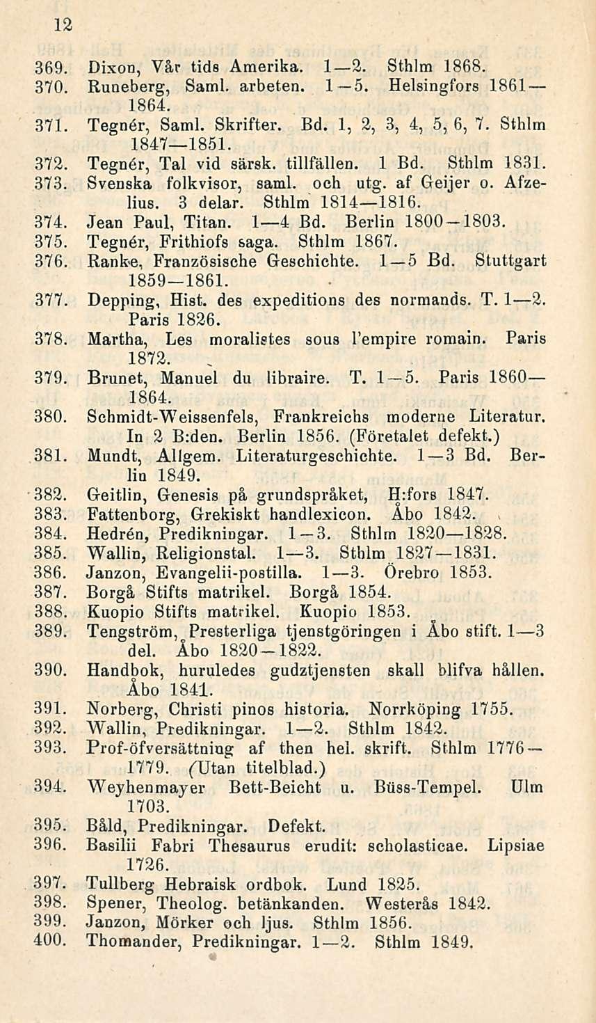 12 369. Dixon, Vår tids Amerika. I 2. Sthlm 1868. 370. Runeberg, Sami. arbeten. I s. Helsingfors 1861 1864. 371. Tegner, Sami. Skrifter. Bd. 1,2, 3,4, 5,6, 7. Sthlm 1847 1851. 372.