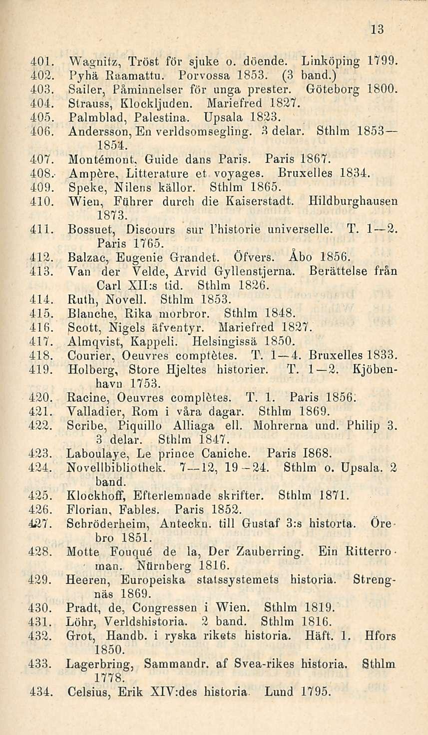 401. Wagnitz, Tröst för sjuke o. döende. Linköping 1799. 402. Pyhä Raamattu. Porvossa 1853. (3 band.) 403. Sailer, Påminnelser för unga prester. Göteborg 1800. 404. Strauss, Klockljuden.