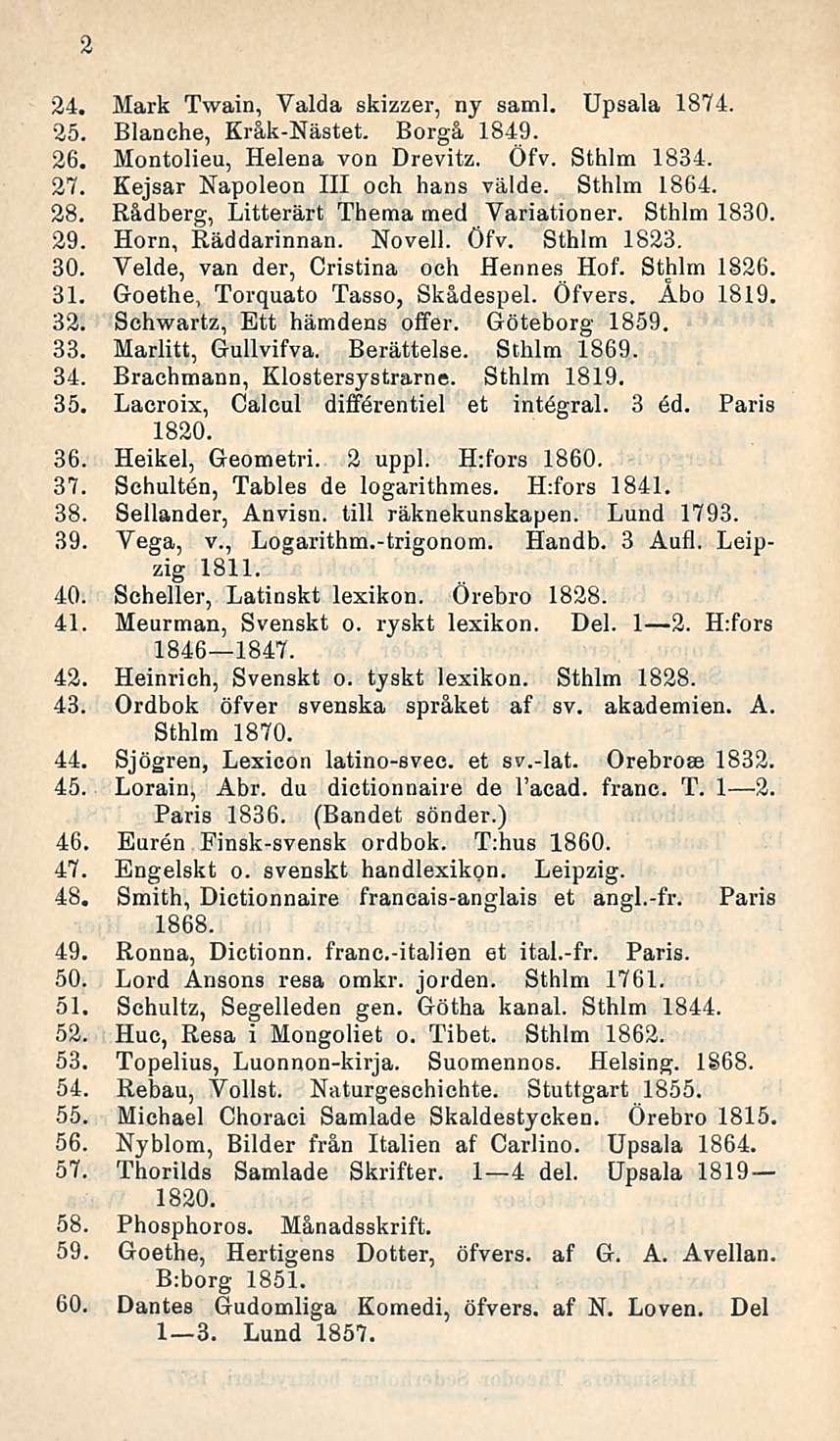 2 24. Mark Twain, Valda skizzer, ny saml. Upsala 1874. 25. Blanche, Kråk-Nästet. Borgå 1849. 26. Montolieu, Helena von Drevitz. Öfv. Sthlm 1834. 27. Kejsar Napoleon 111 oeh hans välde. Sthlm 1864. 28.