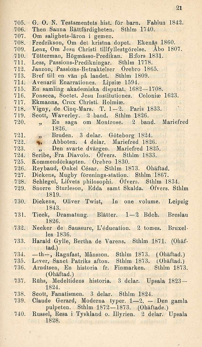 705. G. O. N. Testamentets hist. för barn. Fahlun 1842. 706. Then Sanna Rättfärdigheten. Sthlm 1740. 707. Om salighets-läron i gemen. 708. Fredrikson, Om det kristna dopet. Ekenäs 1860. 709.