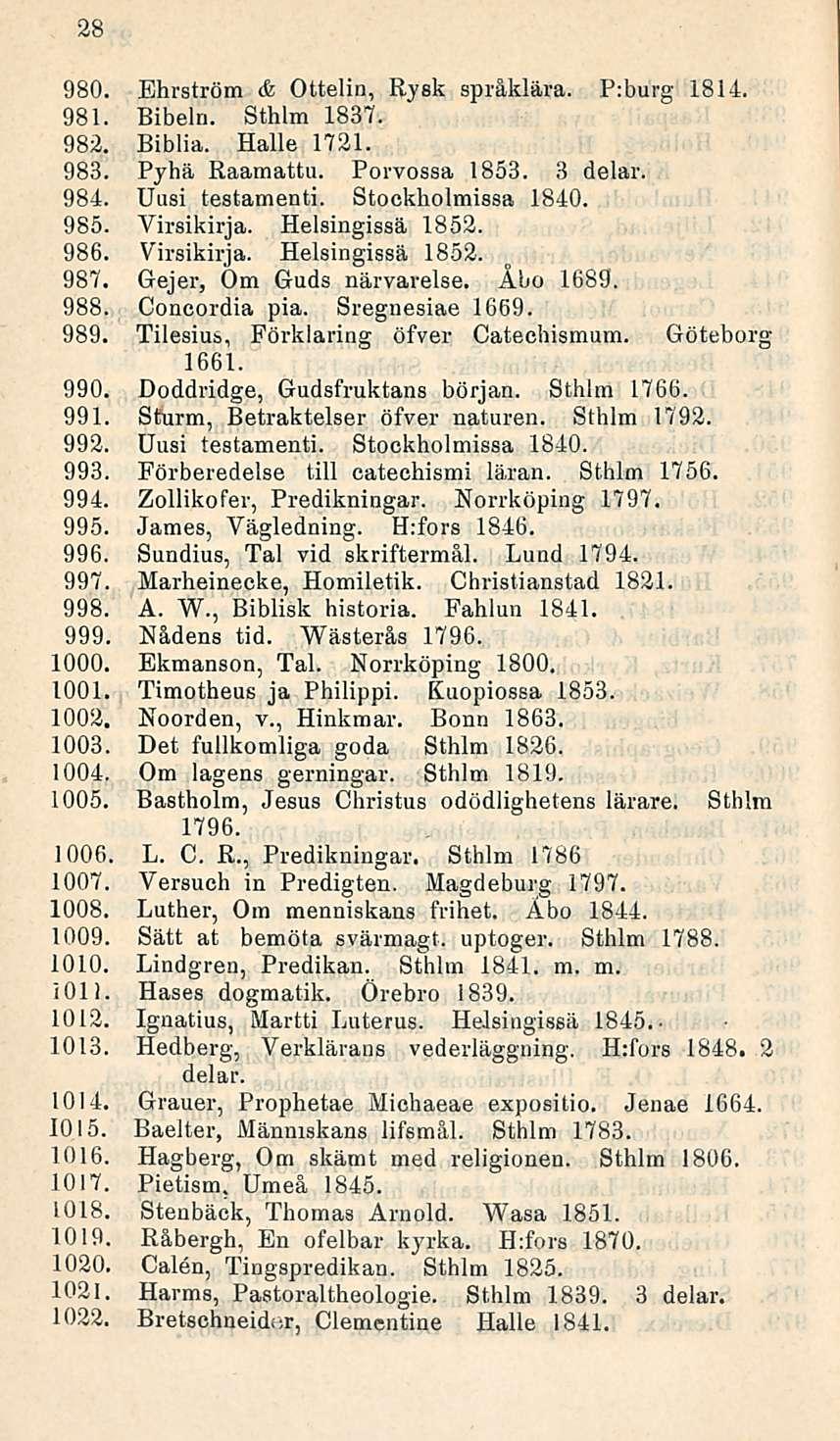 28 980. Ehrström & Ottelin, Rysk språklära. P:burg 1814. 981. Bibeln. Sthlm 1837. 982. Biblia. Halle 1721. 983. Pyhä Raamattu. Porvossa 1853. 3 delar. 984. Uusi testamenti. Stockholmissa 1840. 985.