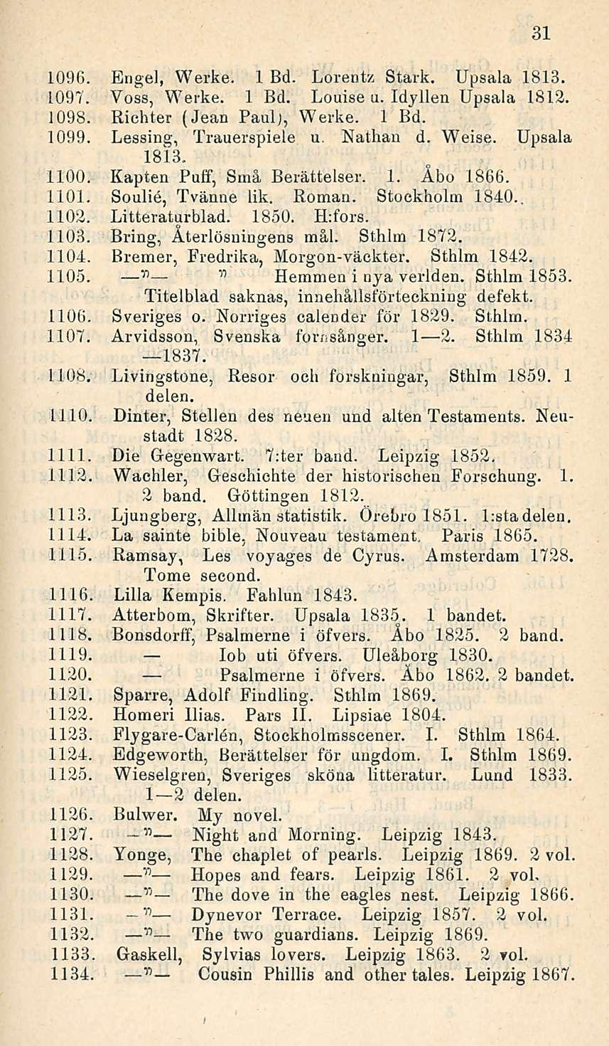 Tl 1096. Engel, Werke. 1 Bd. Lorentz Stark. Upsala 1813. 1097. Voss, Werke. 1 Bd. Louise u. Idyllen Upsala 1812. 1098. Richter (Jean Paul), Werke. 1 Bd. 1099. Lessing, Trauerspiele u. Nathan d. Weise.