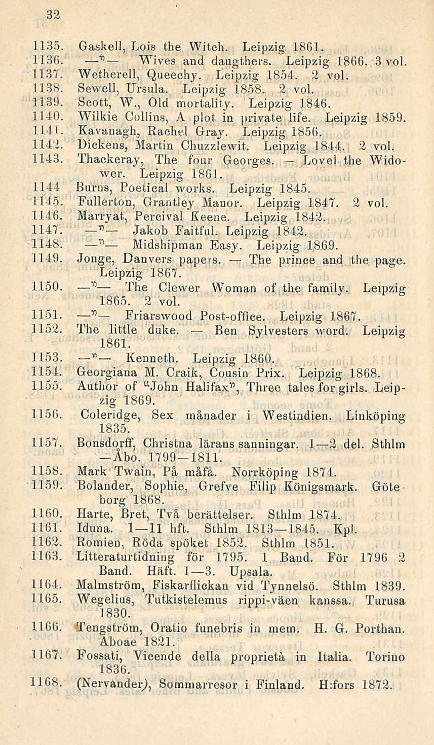 Friarswood 32 1135. Gaskell, Lois the Witch. Leipzig 1861. 1136. ll Wives and daugthers. Leipzig 1866. 3 voi. 1137. Wetherell, Queechy. Leipzi» 1854. 2 voi. 1138. Sewell, Ursula. Leipzig 1858. 2 voi. 1139.