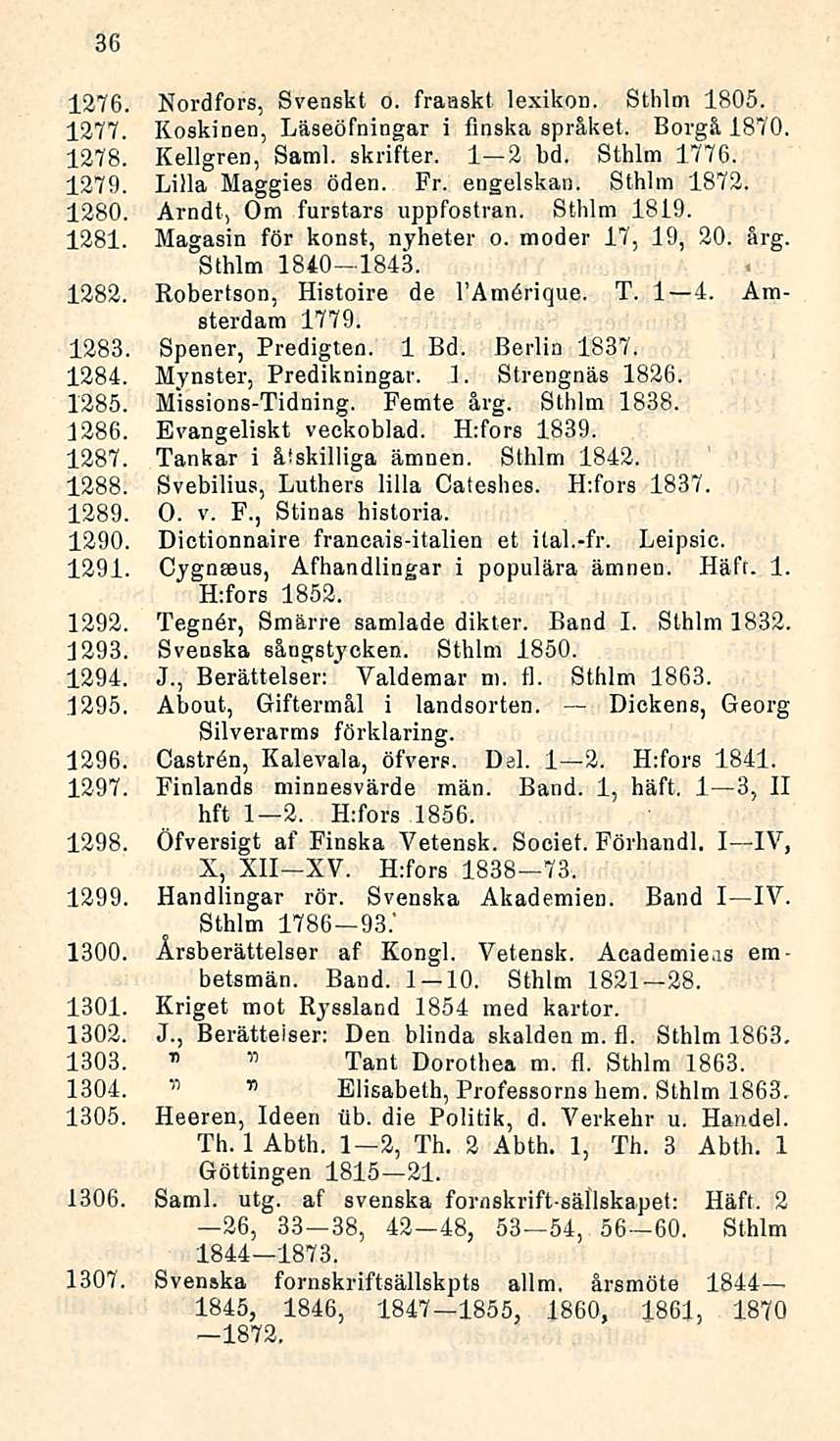 36 1276. Nordfors, Svenskt o. fraaskt lexikon. Sthlm 1805. 1277. Koskinen, Läseöfningar i flnska språket. Borgå 1870. 1278. Kellgren, Sami. skrifter. I 2 bd. Sthlm 1776. 1279. Lilla Maggies öden. Fr.