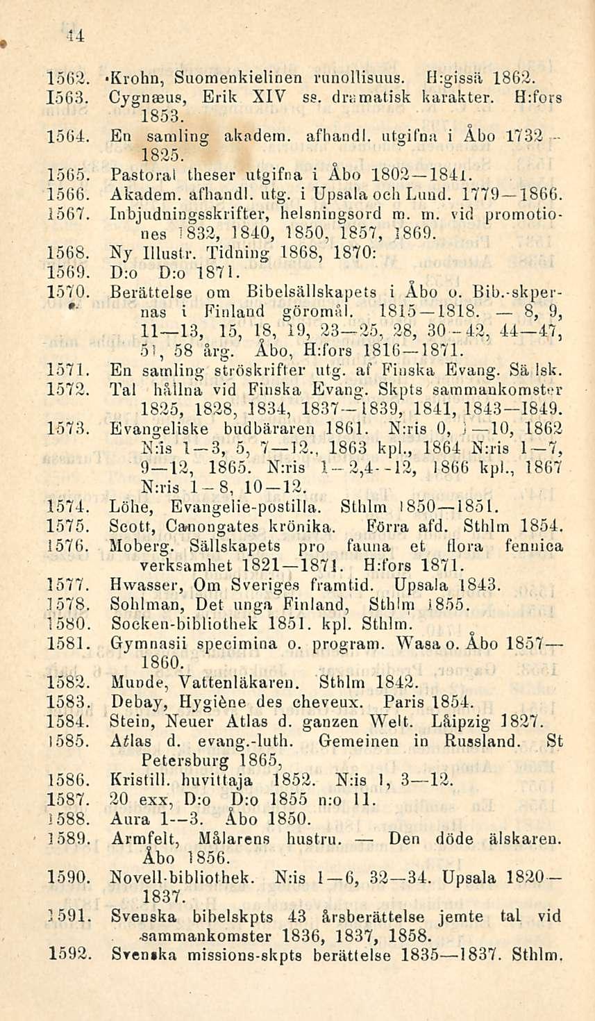 44 1562. -Krohn, Suomenkielinen runollisuus. H:gissii 1862. 1563. Cygnaeus, Erik XIV se. dmmatisk karakter. H:fors 1853. 1501. En samling akndem. afhandl. utgifna i Åbo - 1732 1825. 1565.