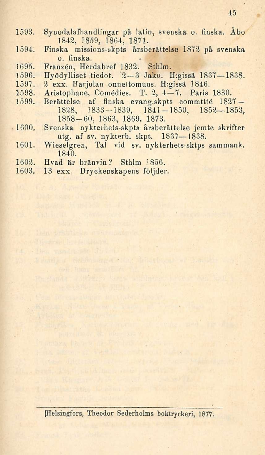 1593. Synodalafhandlingar på lätin, svenska o. finska. Åbo 1842, 1859, 1864, 1871. 1594. Finska missions-skpts årsberättelse 1872 på svenska o. finska. 1695. Franzön, Herdabref 1832. Sthlm. 1596.