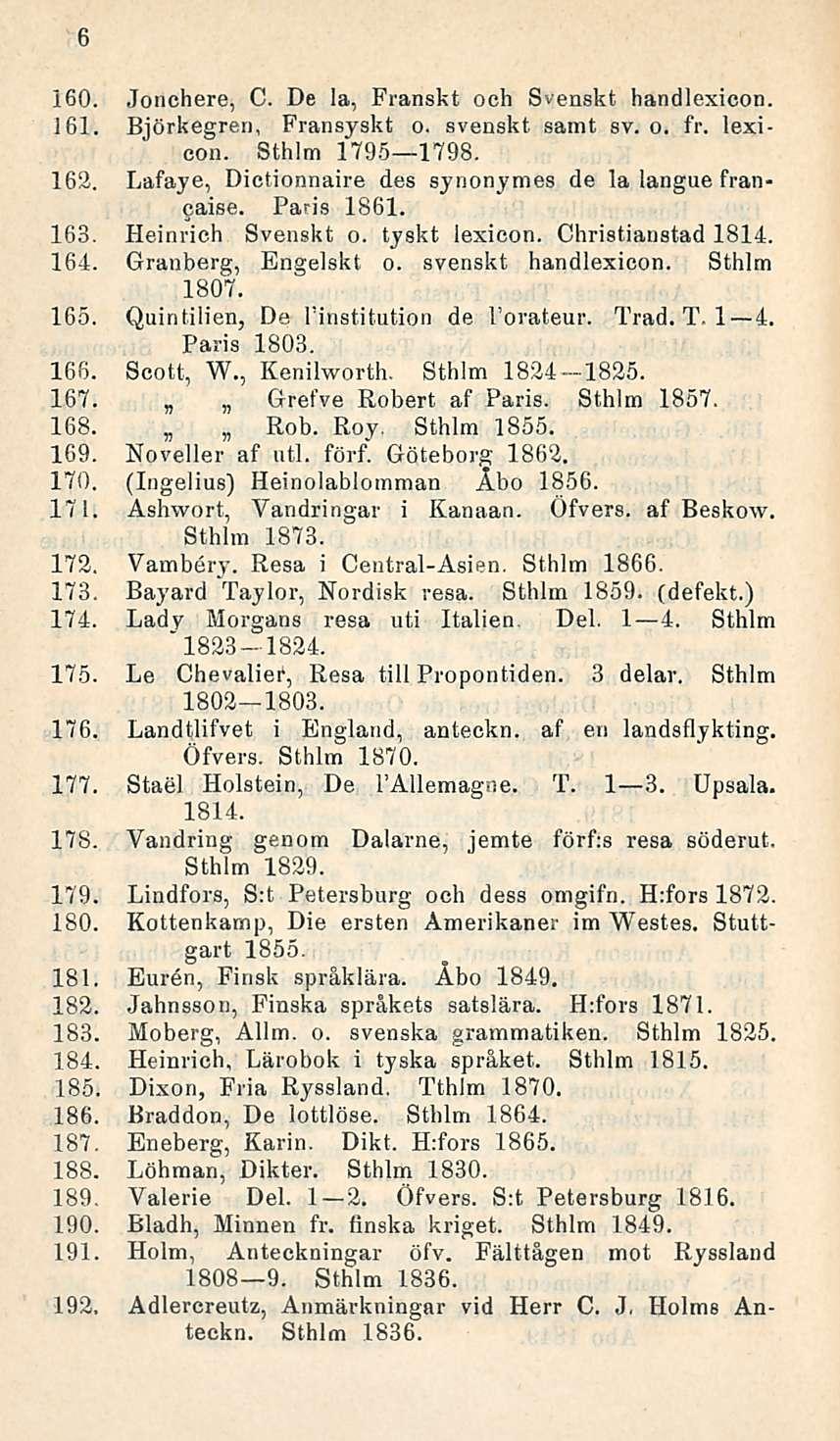 6 160. Jonchere, C. De la, Franskt ooh Svenskt handlexicon. 161. Björkegren, Fransyskt o. svenskt samt sv. o. fr. lexicon. Sthlm 1795 1798. 162.