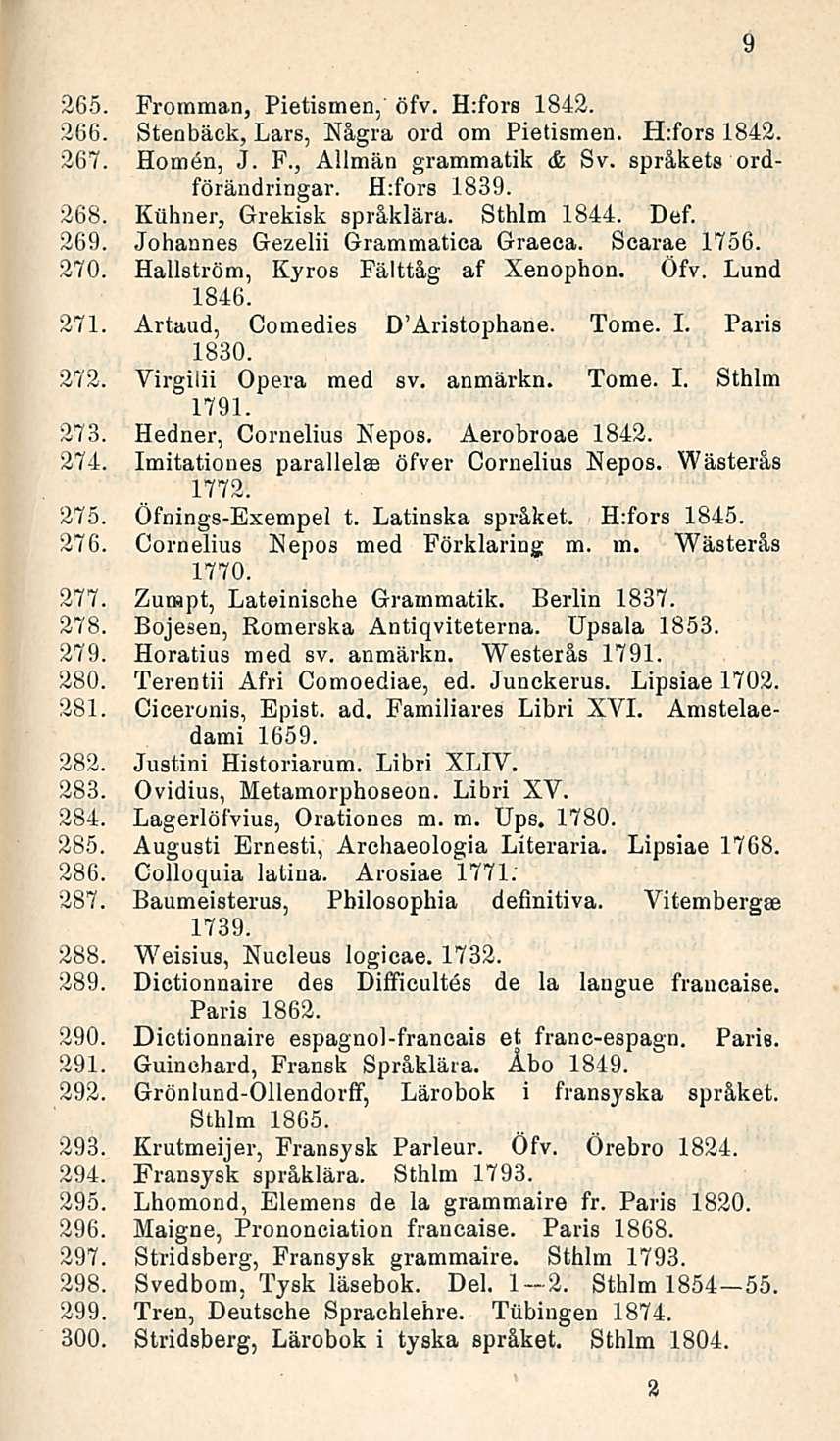 265. Promman, Pietismen, öfv. H:fors 1842. 266. Stenbäck, Lars, Några ord om Pietismen. H:fors 1842. 267. Homon, J. F., Allmän grammatik & Sv. språkets ordförändringar. H:fors 1839. 268.