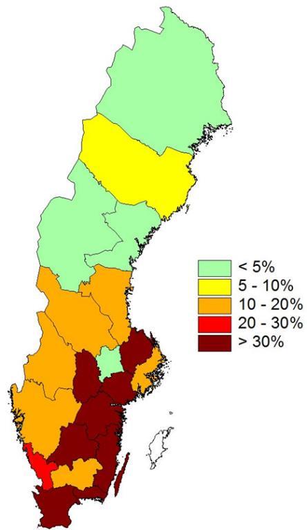 Skogsstyrelsen Pm 2017-09-18 2(5) Figur 2. Andel av slutavverkad areal med överskridande vid grot-uttag, och där askåterföring inte sker, per län.