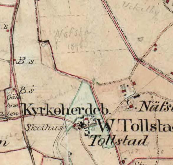 Utsnitt ur häradsekonomiska kartan 1868-77 Hästholmen. Av kartan framgår kyrkogårdens oregelbundna form och trädkransen som går vidare runt kyrkoherdebostaden.