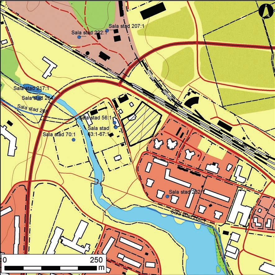 Disponenten i Sala Figur 3. Utdrag ur fastighetskartan med utredningsområdet markerat samt intilliggande lämningar och fyndplatser (Sala 63 67:1) enligt Fornsök. Skala 1:5 000.