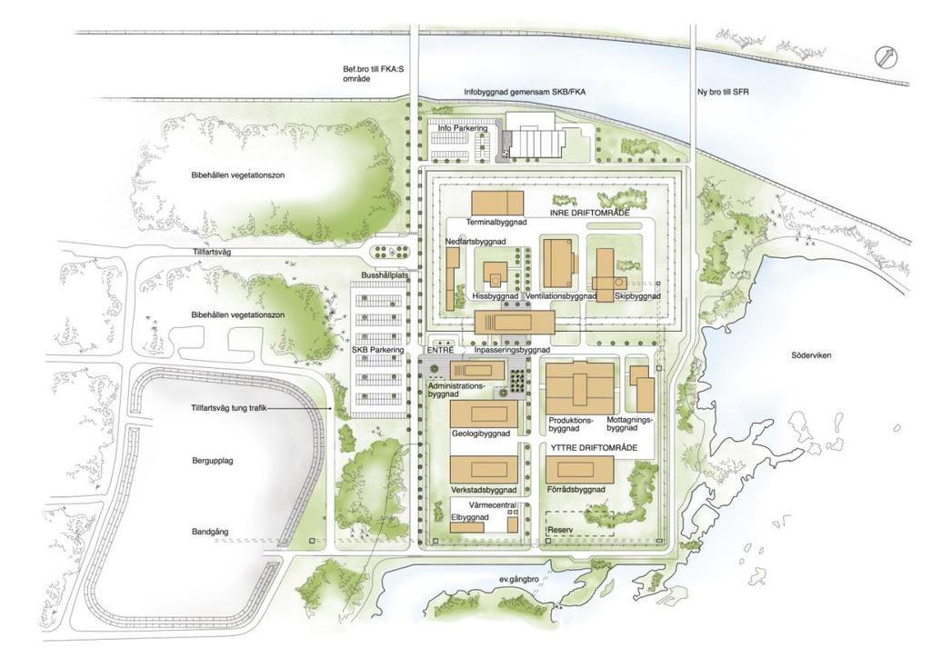 Figur 3-1. Översiktskarta som visar planerade byggnader inom yttre och inre driftområde /SKB 2009a/; se även översiktskartan i Figur 1-1.