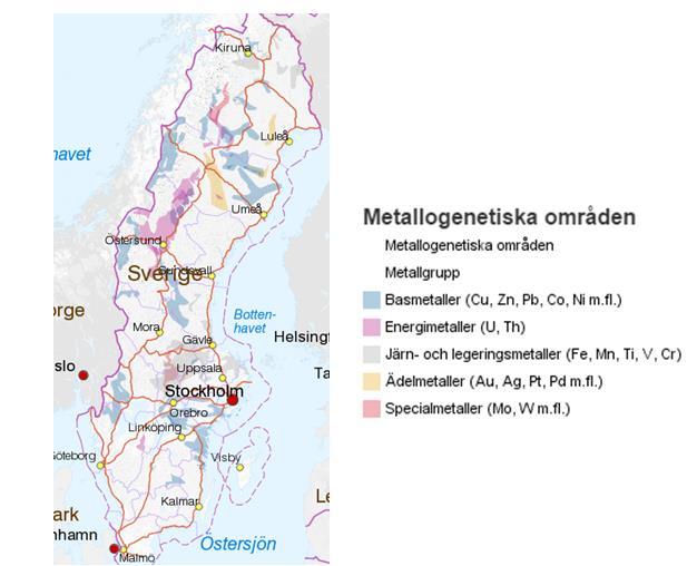 Figur 1. Karta från Sveriges geologiska undersökning (2016) över mineralförekomsten i Sverige Tabell 7. Vanliga värden av mikromineraler som förekommer på beten.