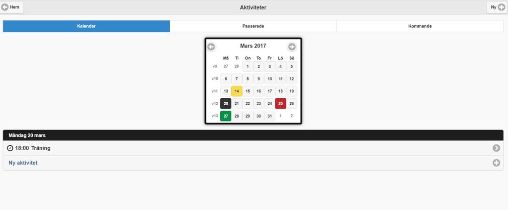 Närvarorapportera via mobilen Kontrollera att du är inne på rätt grupp/lag om du har flera lag Klicka på pilen vid kalender Klicka på det datum det gäller.