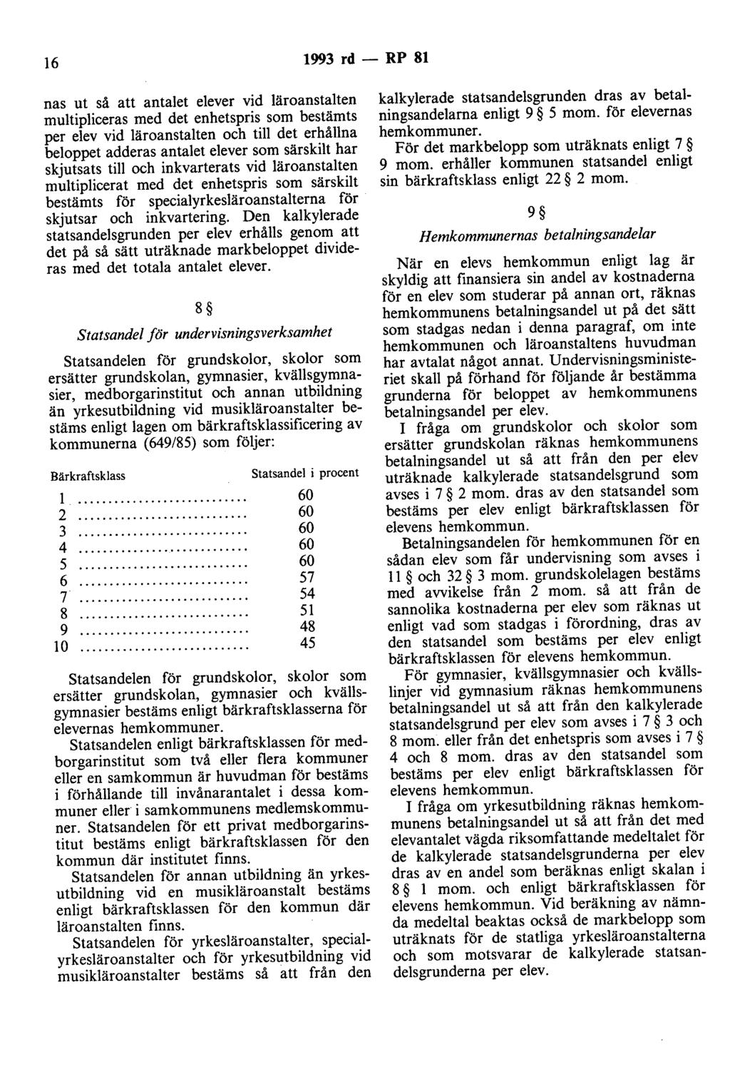 16 1993 rd - RP 81 nas ut så att antalet elever vid läroanstalten multipliceras med det enhetspris som bestämts per elev vid läroanstalten och till det erhållna beloppet adderas antalet elever som