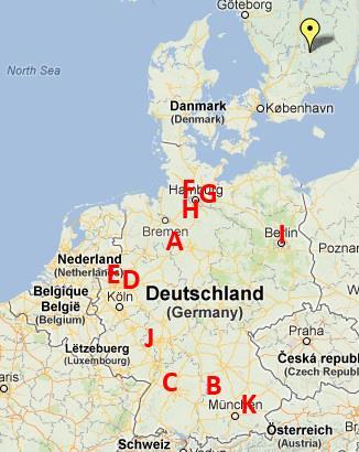 Figur 5 - Översiktsbild rörande lokaliseringen av Hydrowares kunder i Tyskland, till vilka försäljning skedde år 2012. Utsatt på kartan är även Alvesta, där Hydroware har sitt huvudkontor.