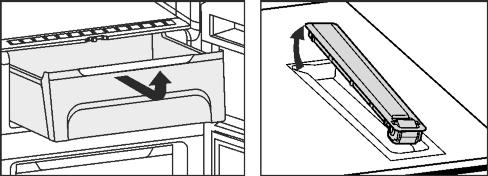 Avvänd båda uppställningsytorna: u Lyft upp den övre glashyllan och dra den nedre glashyllan framåt.