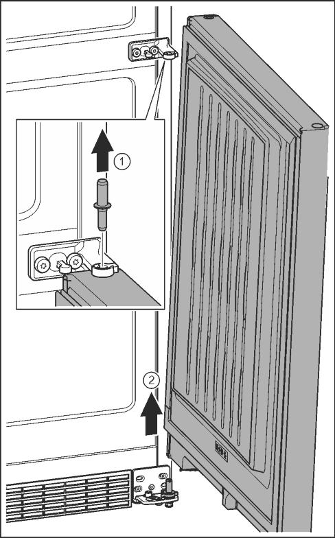 Idrifttagande 4.3.2 Borttagning av nedre dörr Fig. 9 AKTA Risk för skador om dörren slås upp! u Håll ordentligt i dörren. u Ställ dörren försiktigt åt sidan. u Ta försiktigt av spärrskyddet. Fig. 9 (1) u Skruva ut tappen en bit med skruvmejseln T15.