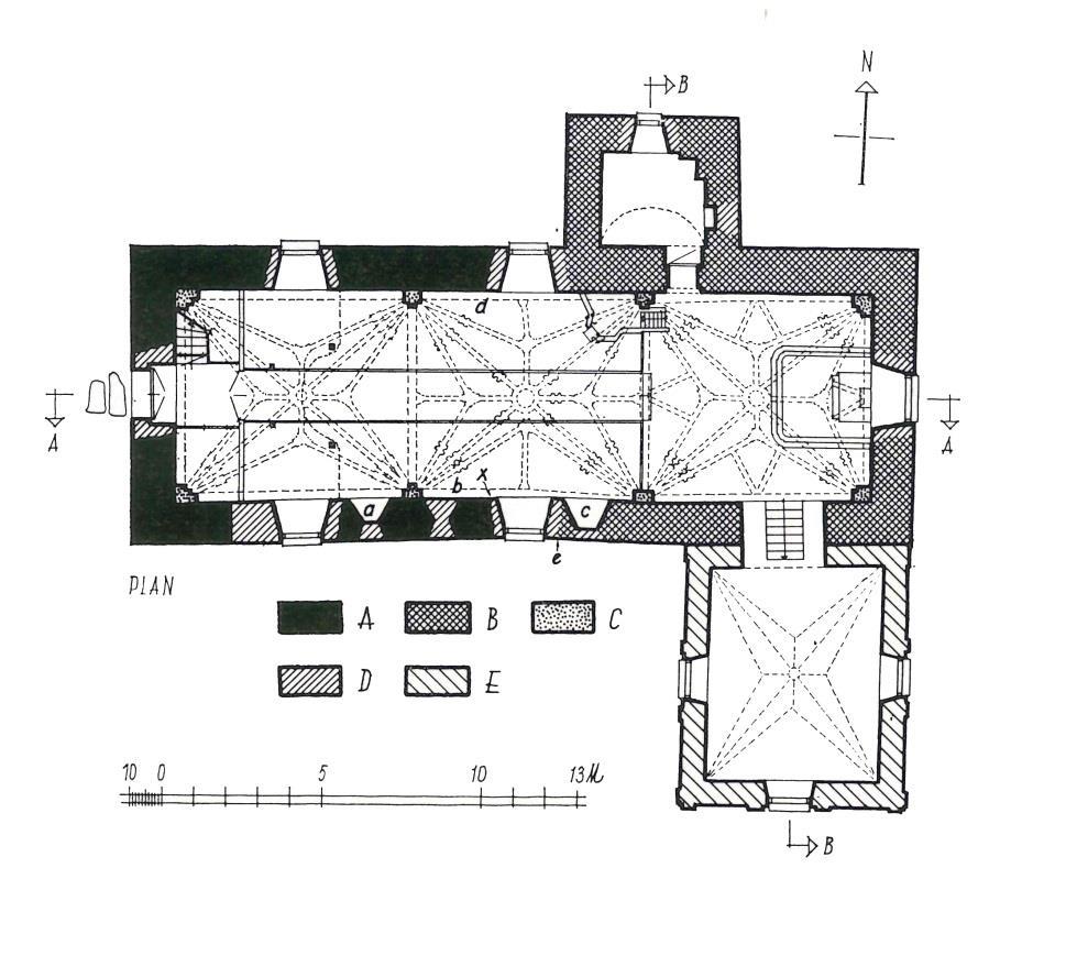 Figur 3. Teda kyrkas grundplan med de olika byggnadsskedena markerade. A 1200-tal B 1300-tal C 1500-tal D 1750-tal E 1600-tal Bild från Rosell (1974).