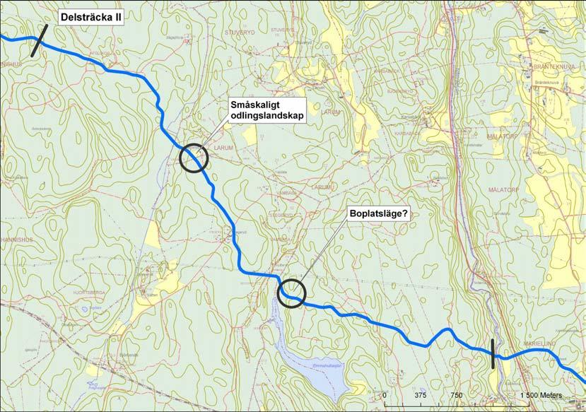 Delsträcka II Apelskog-Nättrabyån Ca 6 000 m Sträckningen går över blockbunden, delvis sank skogsterräng. Ö om Apelskog samt S om Glädjeryd förutsätts partier av befintlig vägsträckning kunna följas.