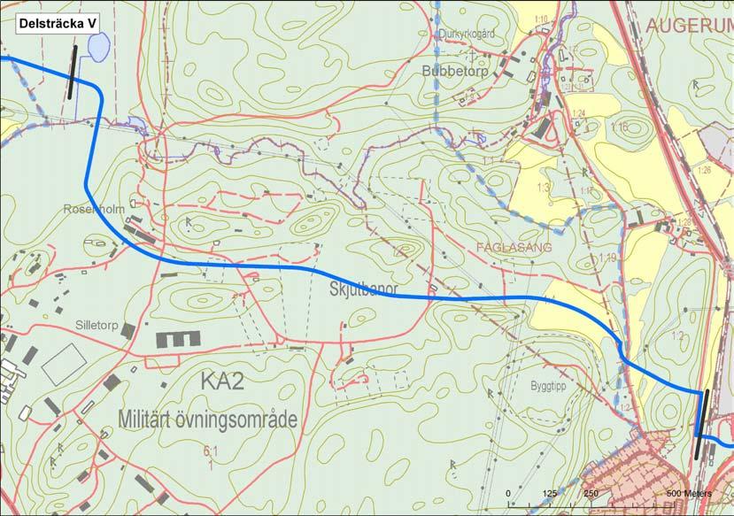 Delsträcka V, Rosenholm Torskors Ca 2 500 m Sträckningen följer en Ö-V-gående dalgång inom det militära övningsområdet för att längst i Ö tvära en smal, blockbunden höjdrygg.