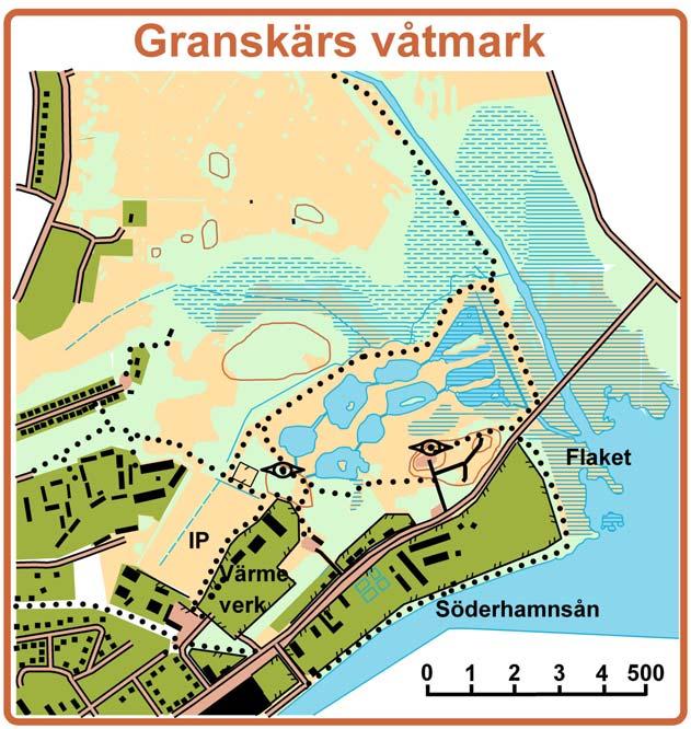 Granskär Dellokaler: Parkeringen (Paviljongen), Matningen, Mätstationen. Våtmarken är ett led i Söderhamns kommuns arbete för ekologisk hållbarhet och togs i bruk våren 2004.