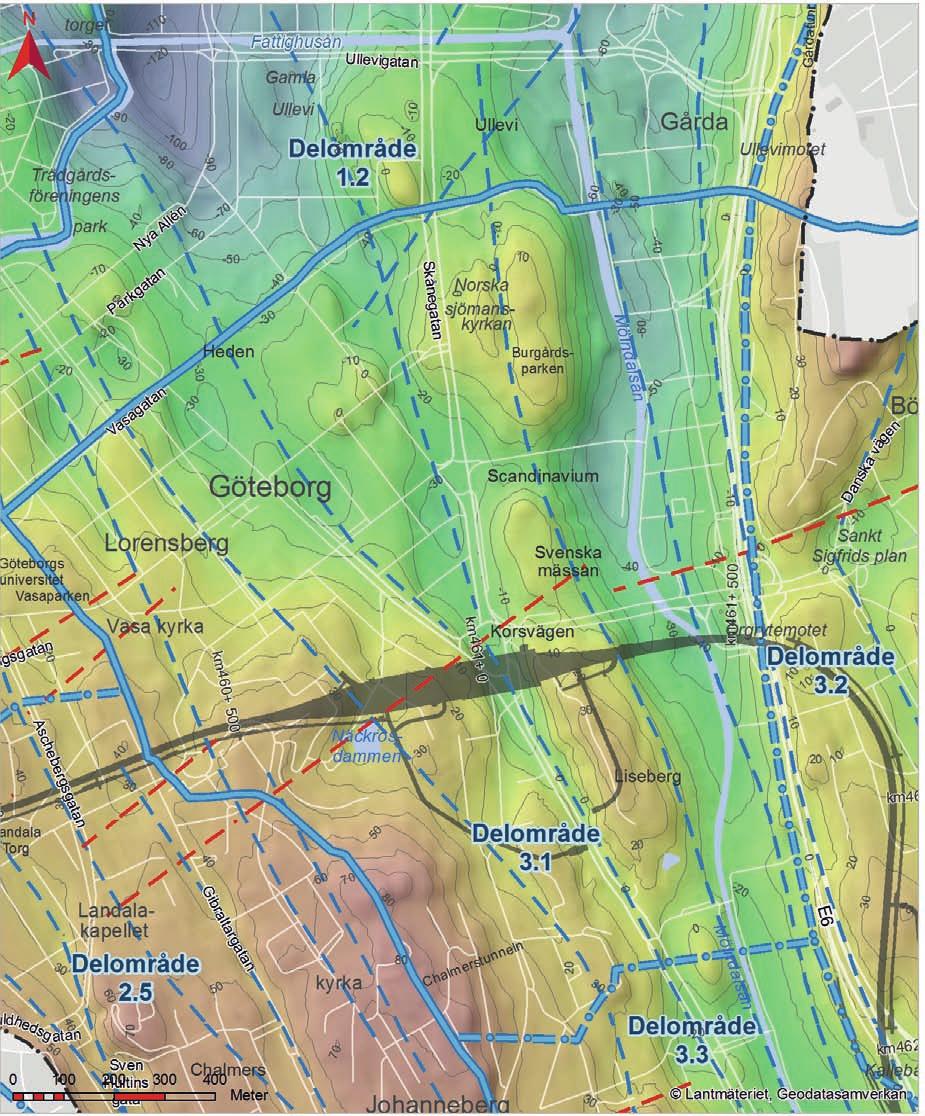 Figur 6.9 Bergnivåmodell över delområde 3.1 Korsvägen inom inre utredningsområde. För kartlegend hänvisas till figur 3.