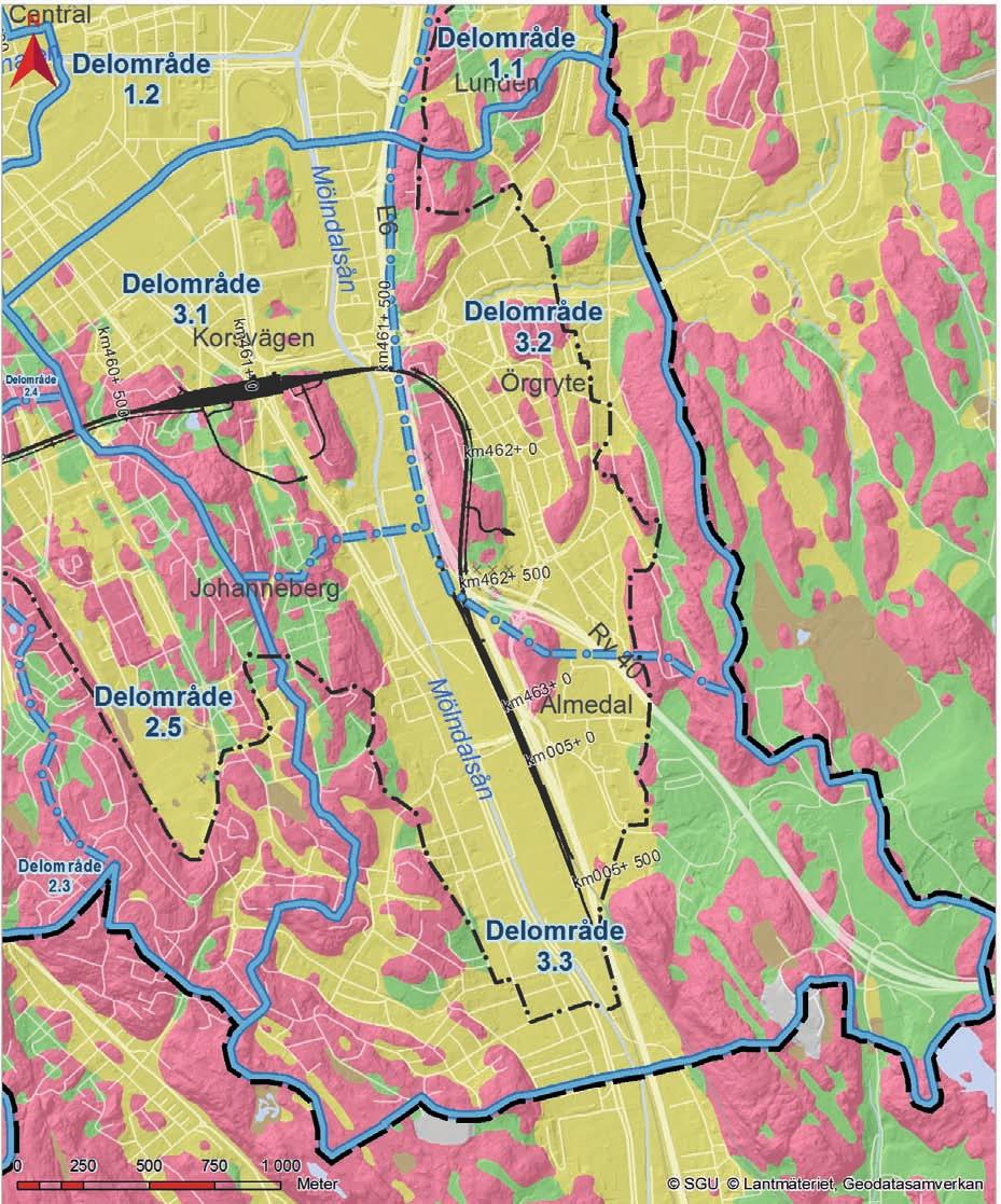 Figur 6.4 Kvartärgeologisk karta över huvudområde Öst. Gula områden visar förekomst av lera, gröna områden friktionsjord och röda områden berg i dagen eller berg med tunt jordtäcke.