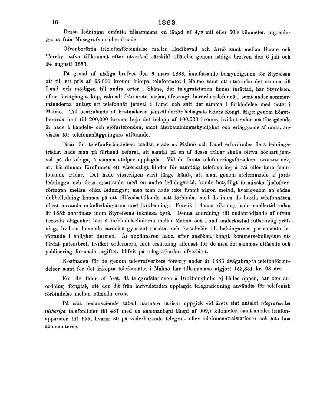 18 1883. Dessa ledningar omfatta tillsammans en längd af 4,73 mil eller 50,6 kilometer, utgreningarna från Mossgrufvan oberäknade.