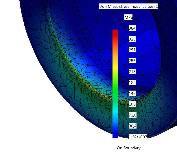 Figur 10 - Maxspänning på cylinder FEM-Analyser gjordes på konstruktionen, man gjorde inte analyser på de befintliga detaljerna samt gjorde man inga analyser på hydrauliska cylindrarnas tryckkraft då