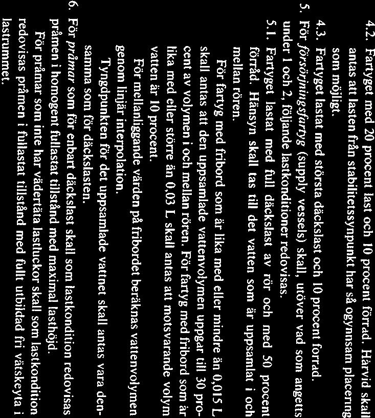 4.2. Fartyget med 20 procent last och lo procent förråd. Härvid skall antas att lasten från stabilitetssynpunkt har så ogynnsam placering som möjligt. 4.3.