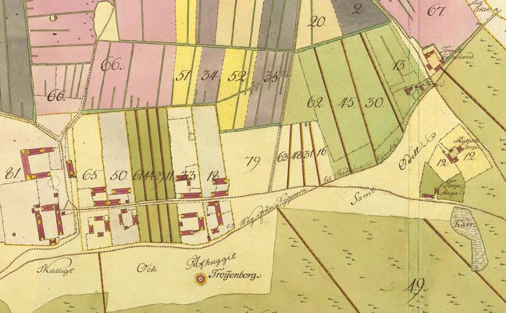 T4-27:1 Badelunda socken Tibble nr 1-2 Storskifte 1763 Denna karta är drygt 100 år senare än föregående bild. Här är gårdarna bättre utritade.