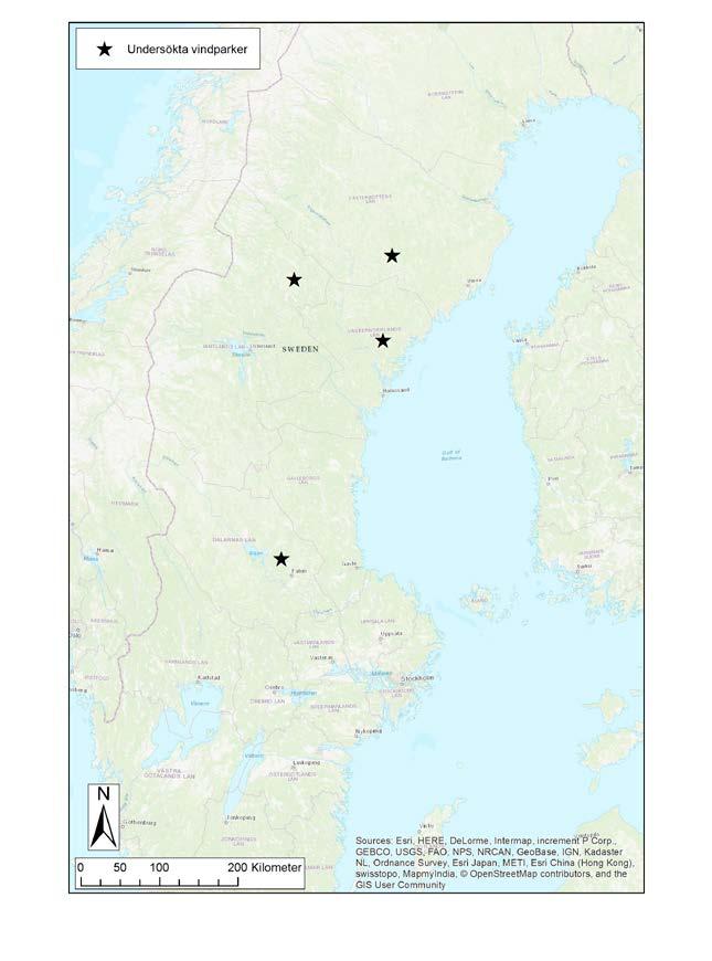 Figur 2.1. De vindparker i norr (Dalarna och Norrland) som hittills undersökts med avseende på aktivitet av fladdermöss i rotorhöjd.