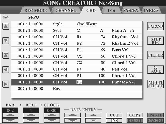 Referensdel Skapa Song (Digital Recording) Editera existerande ackordsföreteelser... Ackordsföreteelser som redan lagts in med STEP RECORD display kan editeras från CHD display.