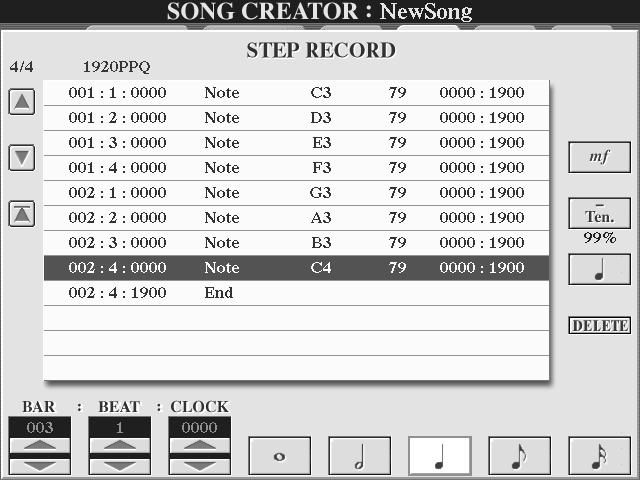 Referensdel Skapa Song (Digital Recording) Lägg in tonföreteelser från grunden... Med hjälp av tre olika exempel förklaras i detta avsnitt hur man Step inspelar toner.