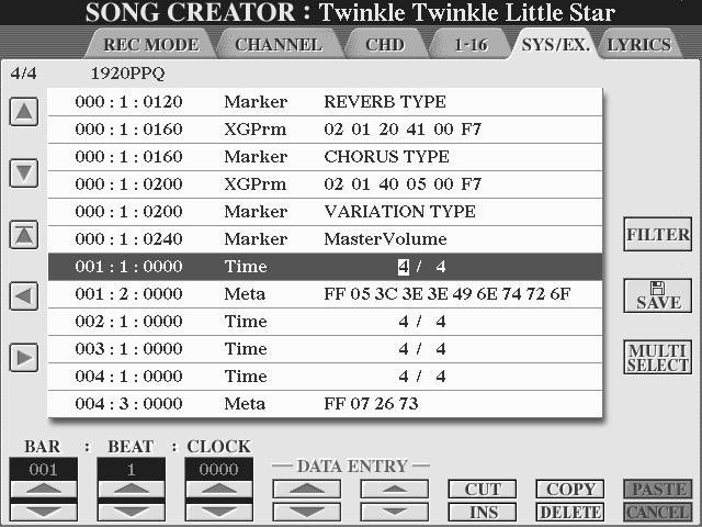 Referensdel Skapa Song (Digital Recording) Anpassa Event List Filter Eftersom Event List displayer (CHD, 1-16, SYS/EX.