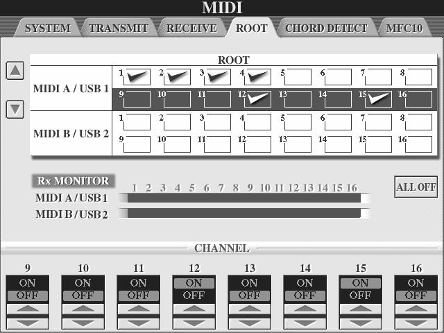 Referensdel MIDI Ställ ackordsgrundton för Style uppspelning via MIDI mottagning Förklaringarna här avser när Du tar fram ROOT sidan i steg #5 i Grundläggande hantering på sidan 145.
