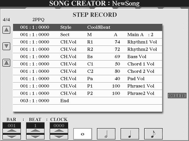 Referensdel Skapa Song (Digital Recording) Step inspelning av ackordsdata med Event List Förklaringarna här avser när Du tar fram CHD sidan i steg #4 i Grundläggande hantering på sidan 94.
