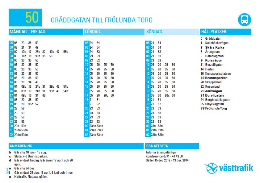 Sida 8 av 12 Figur 7: Tidtabell för busslinje 50, från hållplats Gräddgatan riktning mot Frölunda Torg. 4.