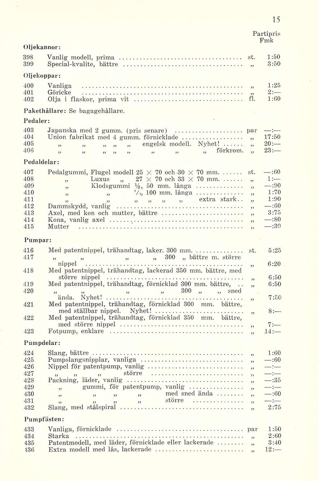 Oljekannor; Partipris Fm k 398 Vanlig modell, prima st. 1:50 399 Special-kvalite, bättre 3:50 Oljekoppar: 400 Vanliga 1:25 401 Göricke 2: 402 Olja i flaskor, prima vit fl.