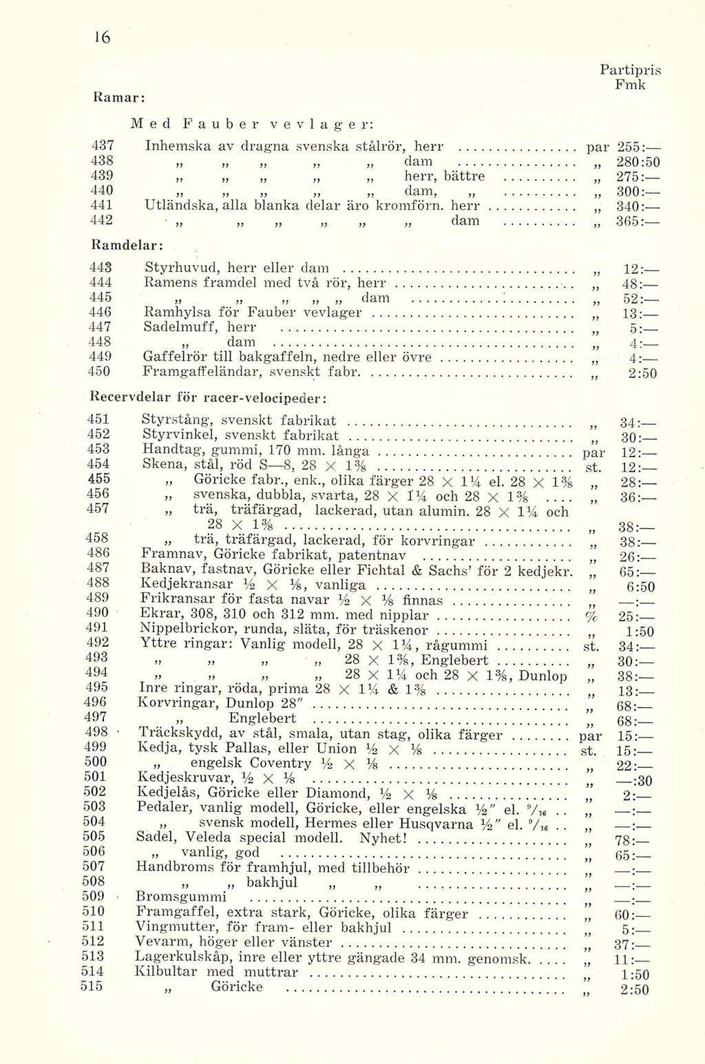 Ramar: Partipris Pmk Med Fauber vevlager: 437 Inhemska av dragna svenska stålrör, herr par 255: dam 280:50 438 439 herr, bättre 275; - 440 dam, 300: 441 Utländska, alla blanka delar äro kromförn.