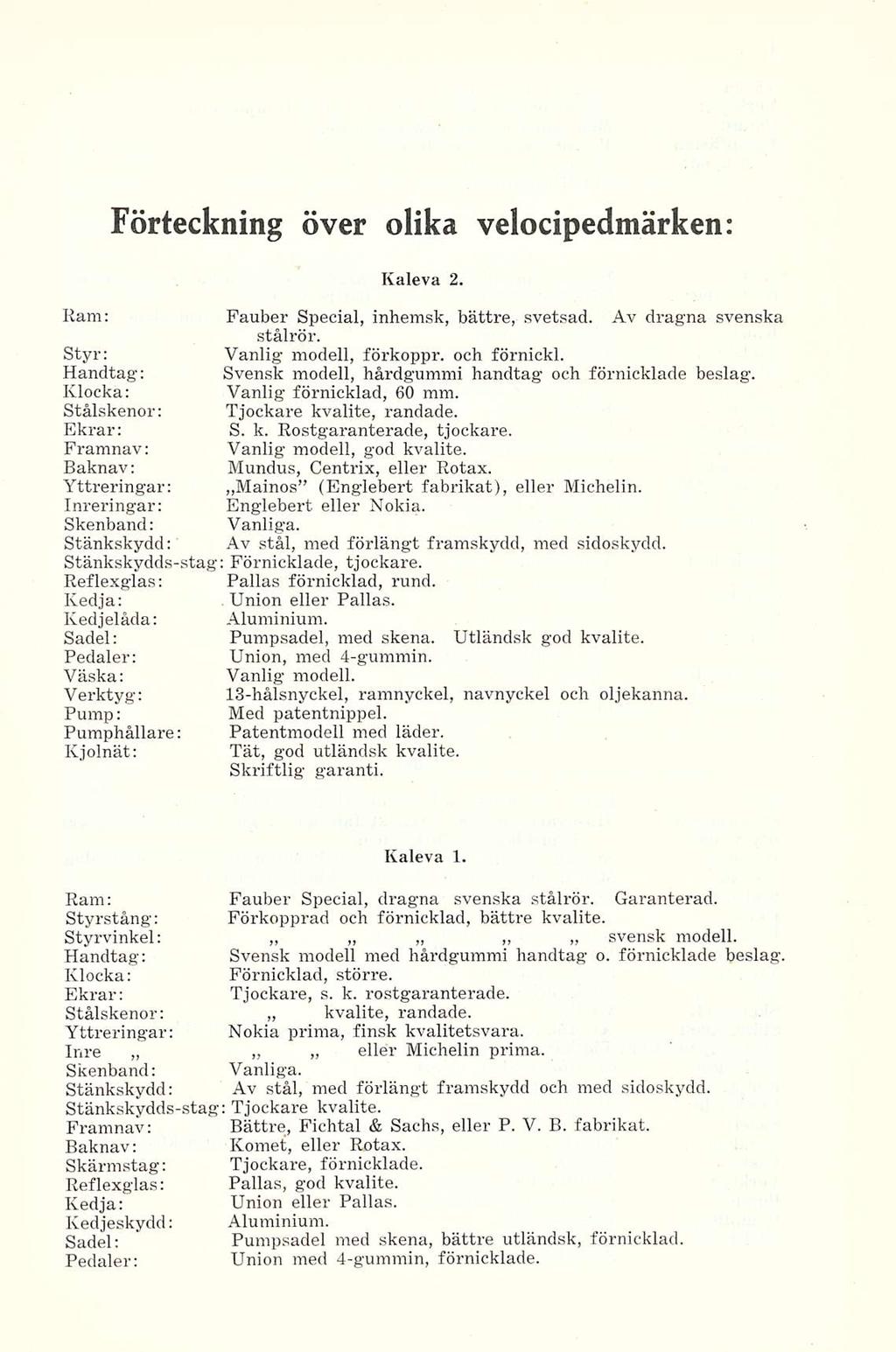 Förteckning över olika velocipedmärken: Kaleva 2. Ram; Fauber Special, inhemsk, bättre, svetsad. Av dragna svenska stålrör. Styr: Vanlig modell, förkoppr. och förnickl.