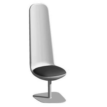 Vridbart underrede på pelarfot i krom eller vitlack (RAL9003). Retur. Easy-chair with single backrest. Swivelling pillar frame in chromium or white (RAL9003) lacquer. With self-centering mechanism.
