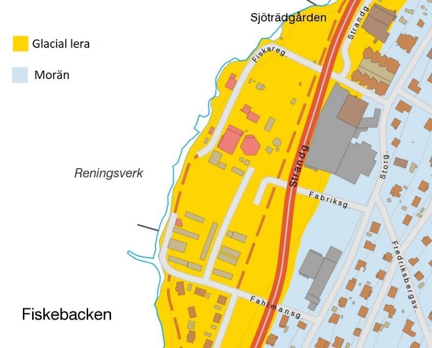 En genomskärning av staden genom planområdet Brunnsbo/Fiskebacken, som illustreras i Figur 1, visar hur terrängen planas ut från +175 meter i områdets östra delar ner mot +165 meter, vid Åsundens